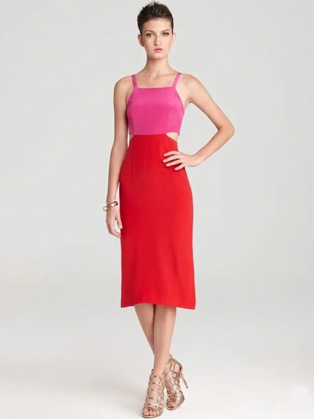 Mara Hoffman 100% Silk Waist Cut Out Color Block Midi Dress Fuchsia Red 8 - Picture 2 of 6